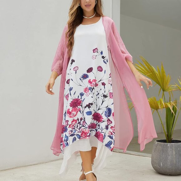 Women's Linen Dress 2 Piece Outfit Floral Sleeveless Loose Maxi Summer Dresses w - Picture 2 of 5